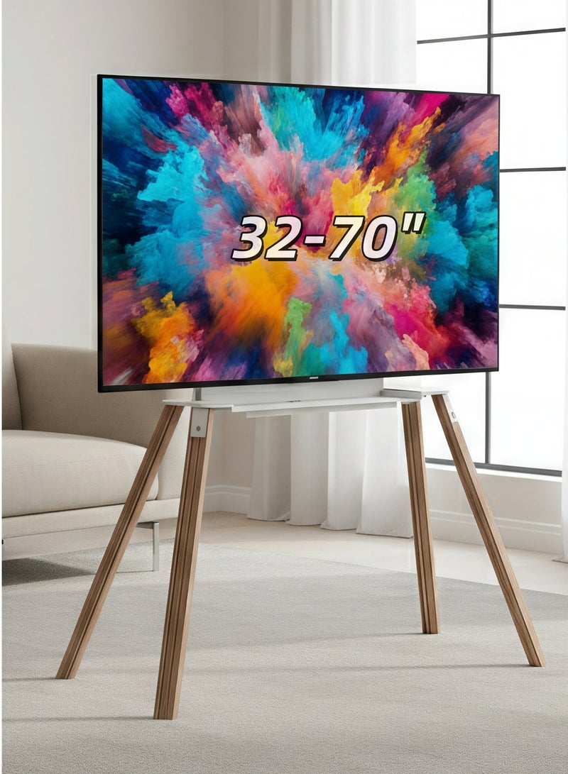 FlashHawk Wooden Floor TV Stand for 32-70 Inch TVs, Modern TV Screen Mount with Solid Beech Wood Legs & Storage Shelf, VESA up to 400x400mm, 40KG Weight Capacity - White - Image 1